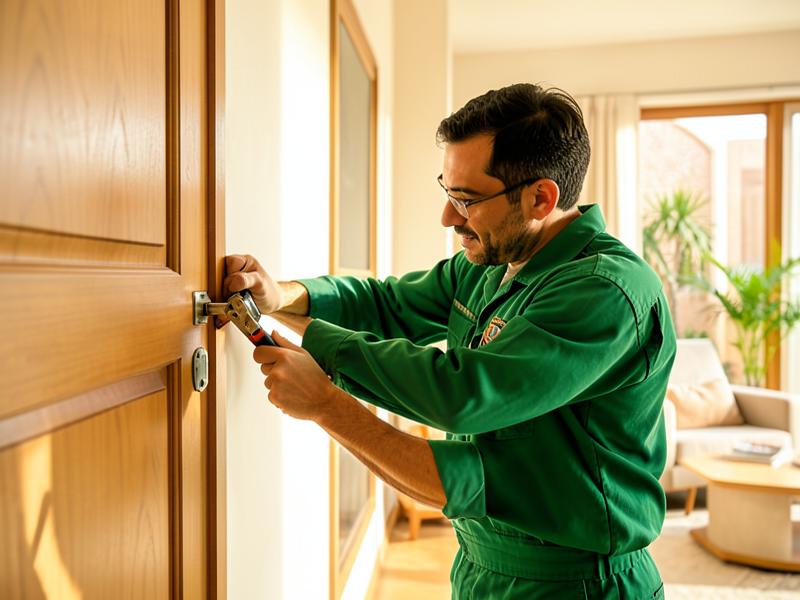 Technicien de maintenance réparant une porte dans un logement