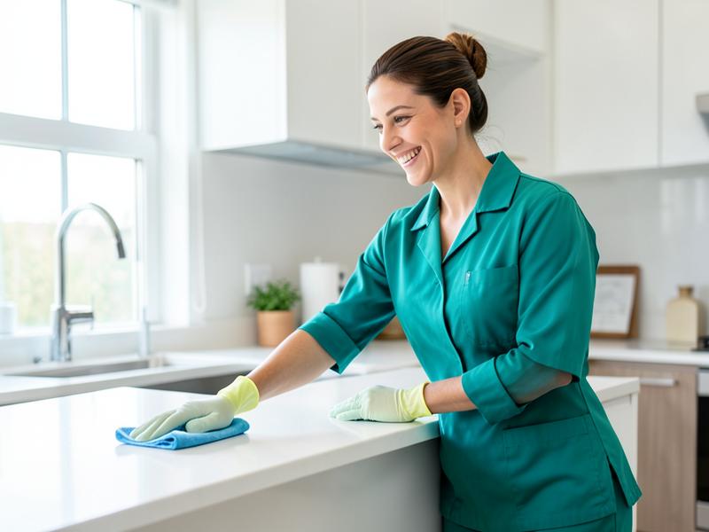 Agent d'entretien nettoyant un plan de travail de cuisine
