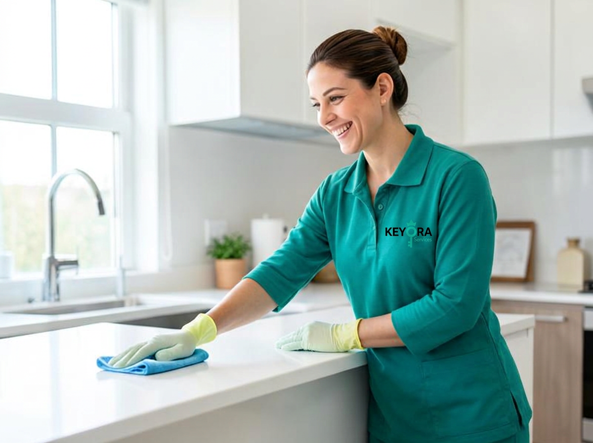 Agent d'entretien nettoyant un plan de travail de cuisine