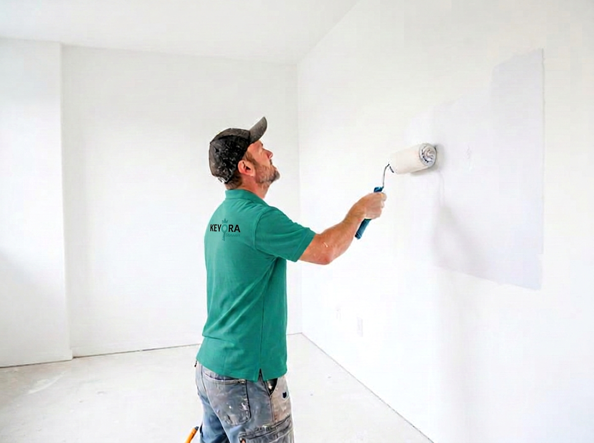 Peintre appliquant de la peinture au rouleau sur un mur