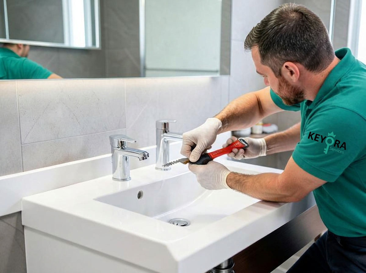Plombier réparant un robinet de salle de bain
