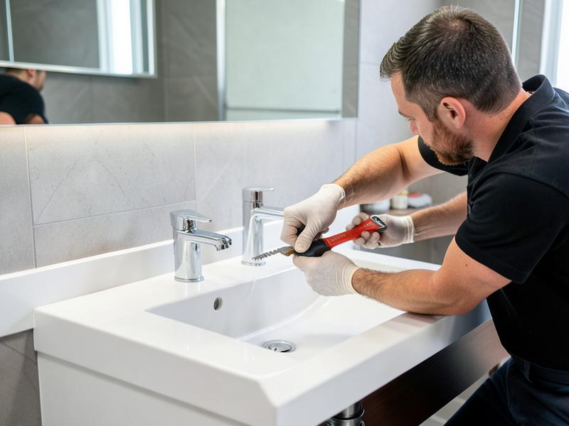 Plombier réparant un robinet de salle de bain